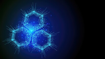 Fototapeta premium Three interconnected bright blue glowing abstract hexagonal structures with intricate radiating lines and shimmering dots on a deep blue and black bac