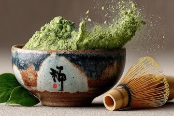 Sushi Roll with Green Powder Splash in Ceramic Bowl