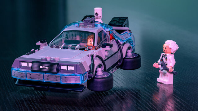 Brisbane, QLD, Australia - Feb 21, 2026: A toy Lego model of the famous DeLorean car