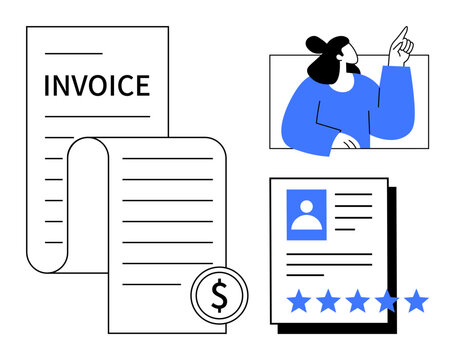 Invoice, user profile with five-star rating, and customer feedback with minimalist design. Ideal for billing, customer reviews, financial management, digital records, user evaluation, business