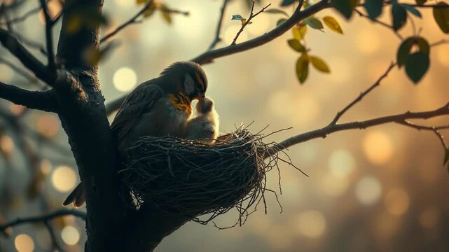 Bird caring for chick in nest on tree, ideal for nature blogs, parenting articles, birdwatching websites, and educational materials.