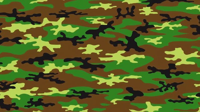 A camouflage pattern featuring green, brown, black, and light green shapes
