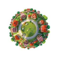 Naklejka premium Whimsical Tiny Planet Diorama with Cartoon Houses and Greenery, Top Down View of Circular Miniature Village, 3D Stylized Environment