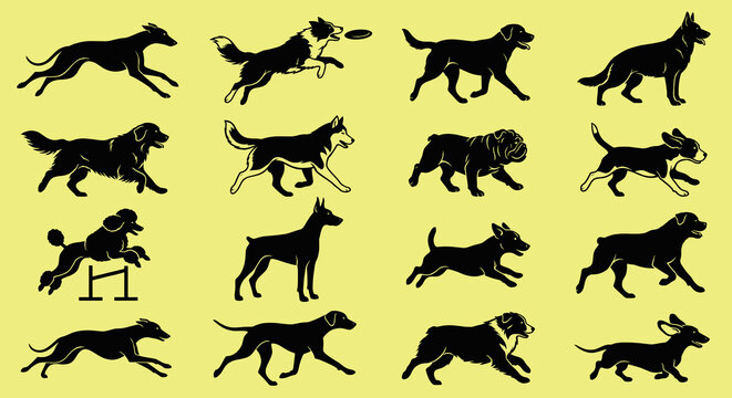 Silhouette collection of various dog breeds in active poses including running jumping and standing isolated on yellow background for pet industry and animal care designs
