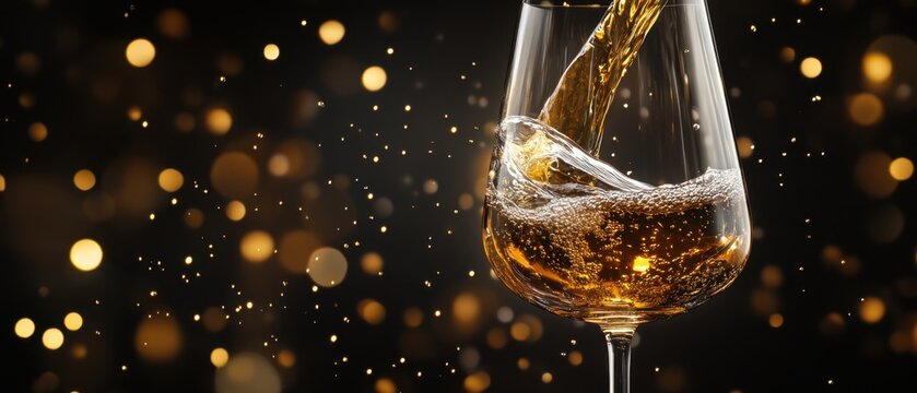 Sparkling golden liquid pours into a wine glass.