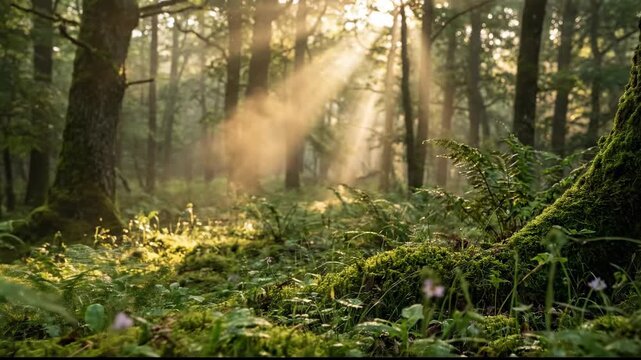 Golden sun rays illuminate a mystical, lush green forest floor, creating a serene woodland scene.
