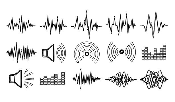 A collection of sound wave icons and audio signal graphics in black and white