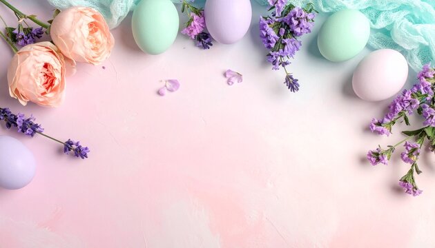 A vibrant spring celebration featuring colorful Easter eggs in a basket and on a rustic wooden background adorned with pink rose petals and a floral tulip bouquet for a beautiful holiday decoration