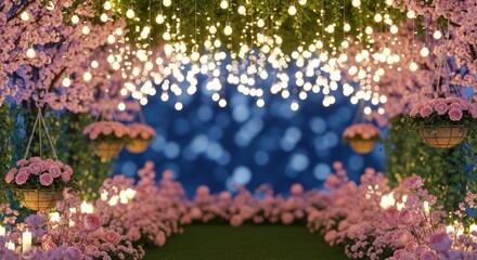 A magical garden with hanging fairy lights and blooming flowers under a starry night sky.