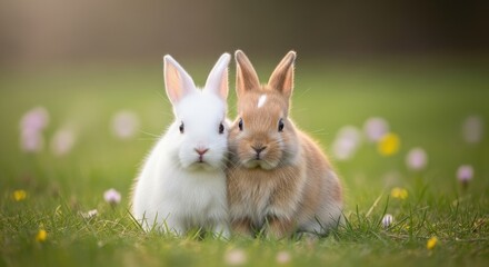 Fototapeta premium Two rabbits sitting in a grassy field with flowers.