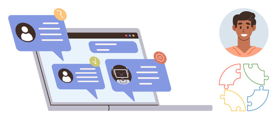 Fototapeta premium Digital teamwork, online collaboration, virtual communication, problem solving, customer support, social interaction. Chat messages on a laptop with a user profile and puzzle icons. Online
