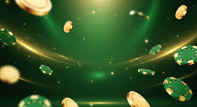 Green and gold casino chips and coins against a green background with a golden light effect.