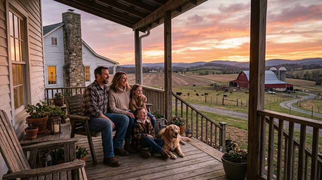 Family on Farmhouse Porch Watching Sunset Over Rolling Hills