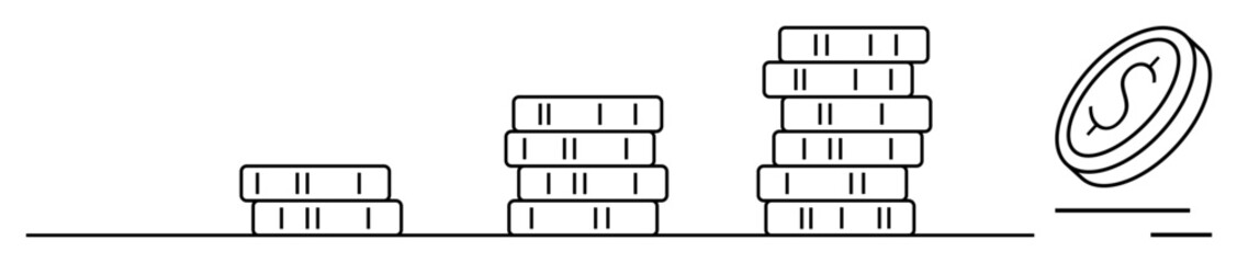 Obraz premium Financial growth, savings, wealth planning, investment, economics, profitability. Stacked coins in increasing order with a tilted currency sign coin on the side. Financial growth and savings concept