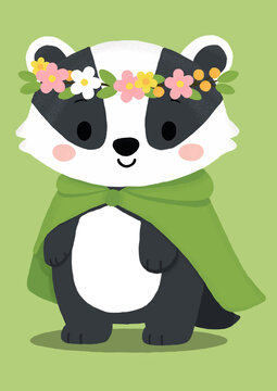 Texugo fofo com capa verde e coroa de flores isolado no fundo verde - Ilustra&ccedil;&atilde;o infantil agrad&aacute;vel feita a m&atilde;o