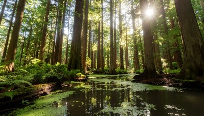 Fototapeta premium Sunlight filtering through tall trees reflecting in a calm forest pond.