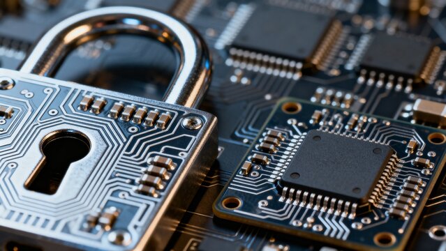 Metal padlock on circuit board with microchips