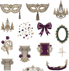 Venetian Masquerade Party Elements Set with Elegant Masks, Gondola, and Baroque Ornaments © thea_sketch