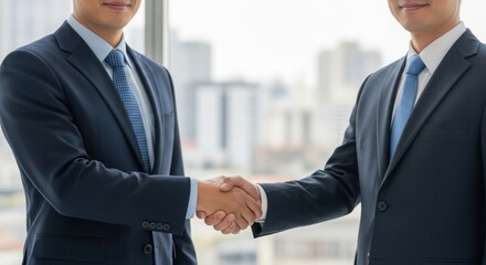 Two businessmen shaking hands in a professional setting with a cityscape in the background