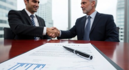 Fototapeta premium Two businessmen shaking hands over a contract on a mahogany table in a modern office with a cityscape view