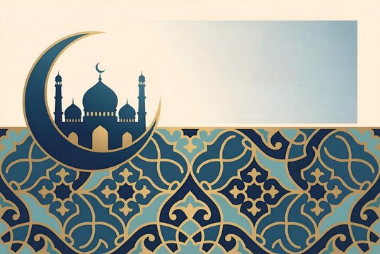 Islamic themed background with mosque and crescent moon.