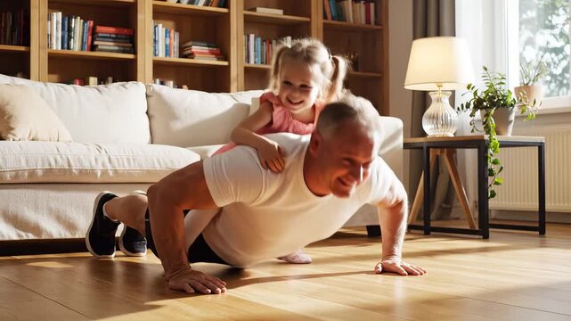 Grandfather doing pushups with granddaughter on back