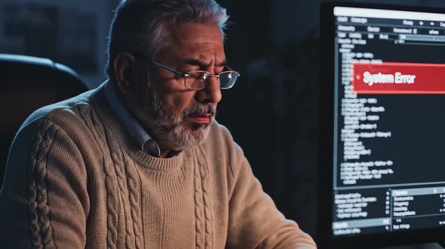 man with system error on computer