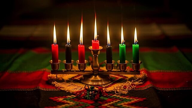 Kwanzaa Kinara with Lit Candles and African American Flag.