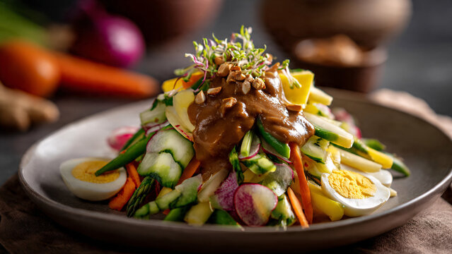 Delicious Fresh Gado Gado Salad with Peanut Sauce and Vegetables