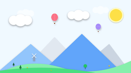 Ultra premium paper cut style kids nursery wall art, 3D multi-layered vector landscape with pastel mountains, hot air balloons, windmills and clouds, creative children playroom wallpaper