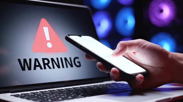 Hand holding phone near laptop with warning sign
