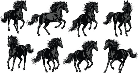 Black horse silhouette illustrations in dynamic poses, running and trotting, flowing mane, muscular body, equestrian art, animal motion concept © Rasida
