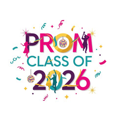 Colorful celebration announcement graphic with silhouettes and disco balls