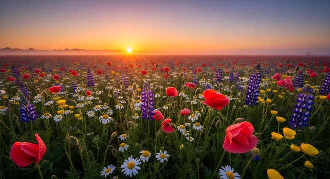 A vast field of colorful wildflowers including red poppies, white daisies, and purple lupines in full bloom. The rising sun casts a golden glow across the meadow, enhancing the warm, dramatic, and rea