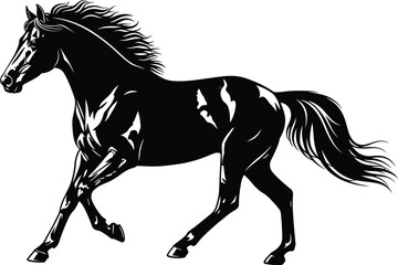 Black stallion horse silhouette running fast with flowing mane isolated on white background for equestrian sports logo and wild animal branding. © Rasida