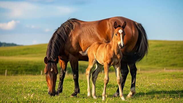 Majestic brown mare and foal grazing peacefully on lush green field under clear blue sky.