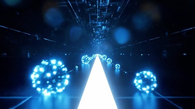 A glowing white triangular pathway leads through a dark futuristic tunnel with blue illuminated orbs