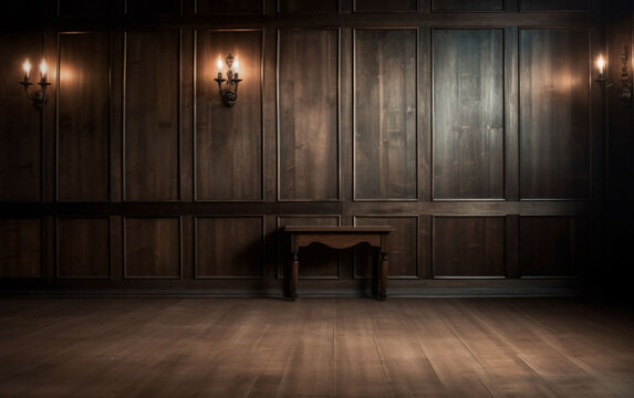 Antique Wood Paneled Room With Ornate Table And Sconces Dramatic Lighting