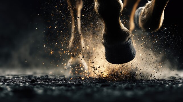 Powerful horse hoof mid-air kicking up dust and golden particles, symbolizing speed, impact, and unstoppable momentum for business growth and career development.