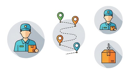 Fototapeta premium Delivery Service Icons - Courier, Route Tracking, and Package Handling.