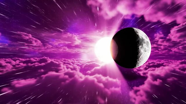 A celestial body eclipses the sun in a vibrant purple sky with clouds