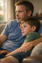 Obraz premium Father and son relaxing on couch together watching sports