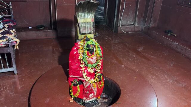 hindu goddess maa tara idol decorated with garlands inside ancient temple shrine