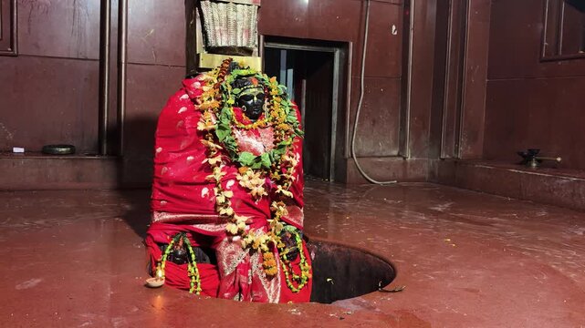 sacred deity maa tara statue adorned with flowers at traditional hindu temple