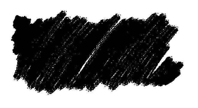 A black scribble mark with a rough texture, resembling a crayon or charcoal stroke on a white background