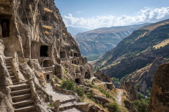 Vardzia Cave Monastery Complex - Ancient Carved Rock City in Georgias Erusheti Mountain Range.