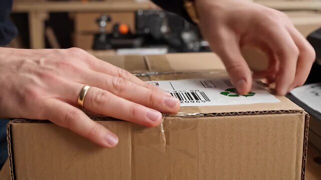 Person using label printer on cardboard box