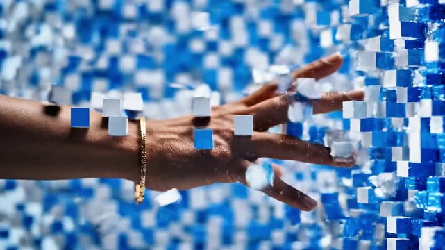 A hand with bracelets reaching out to touch a wall of blue and white blocks