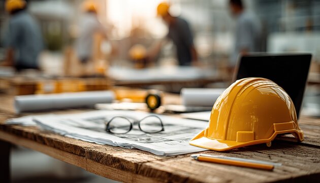 Construction Hard Hat and Blueprints on a Work Desk,  Ideal for architectural firm branding, construction industry publications, and project management visuals.