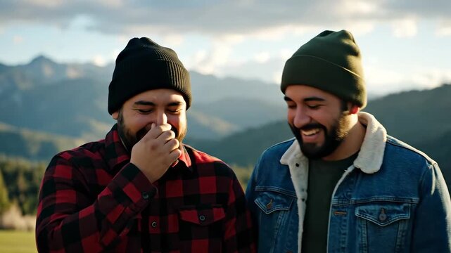 Two men smiling outdoors in mountains